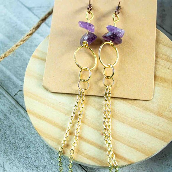 Amethyst Chip Earrings with 14k Gold Dangle Chain and Gold Hoop Drop - Picture 1 of 15
